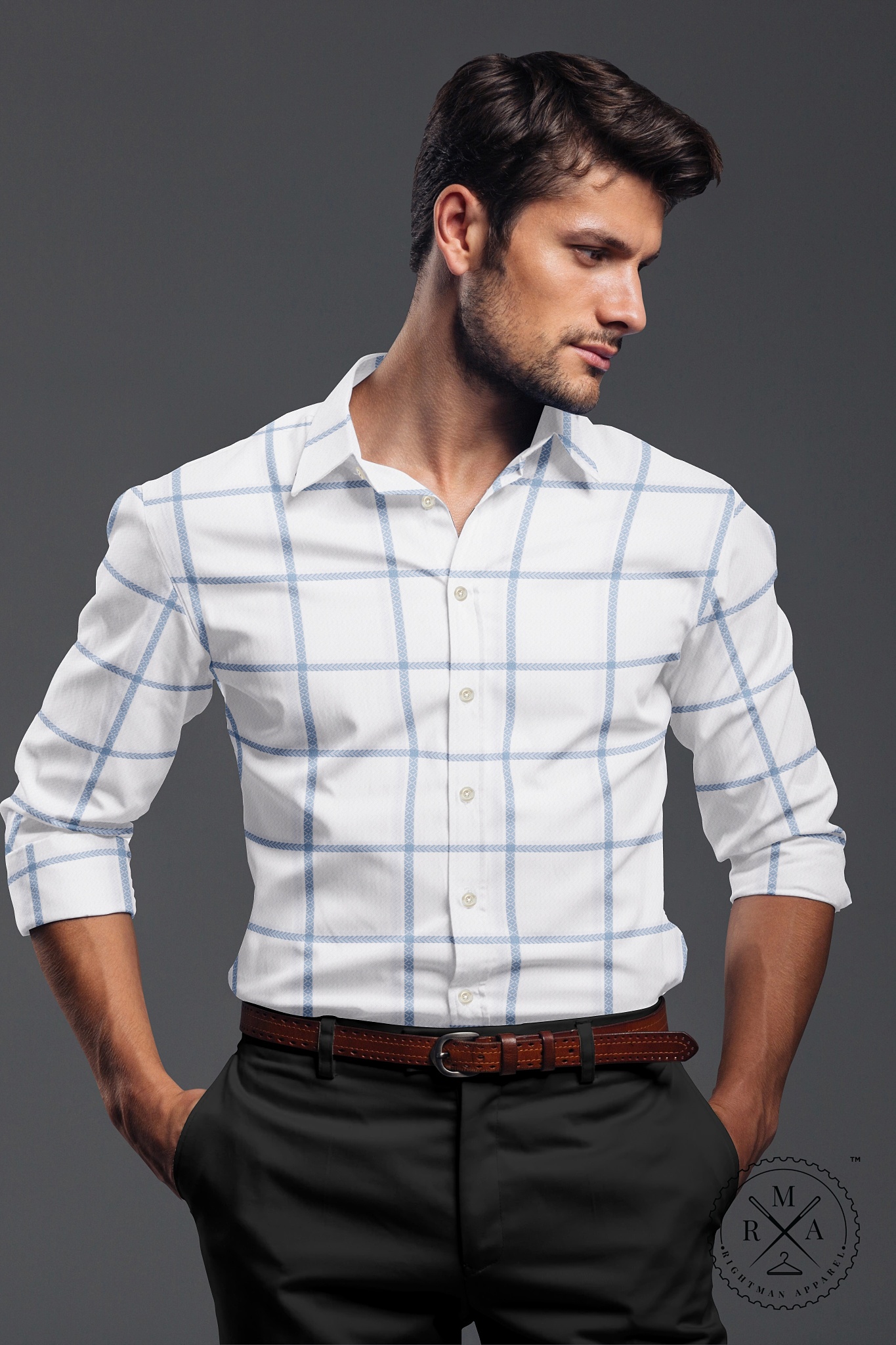White Shirt With Blue Windowpane Checks SH220